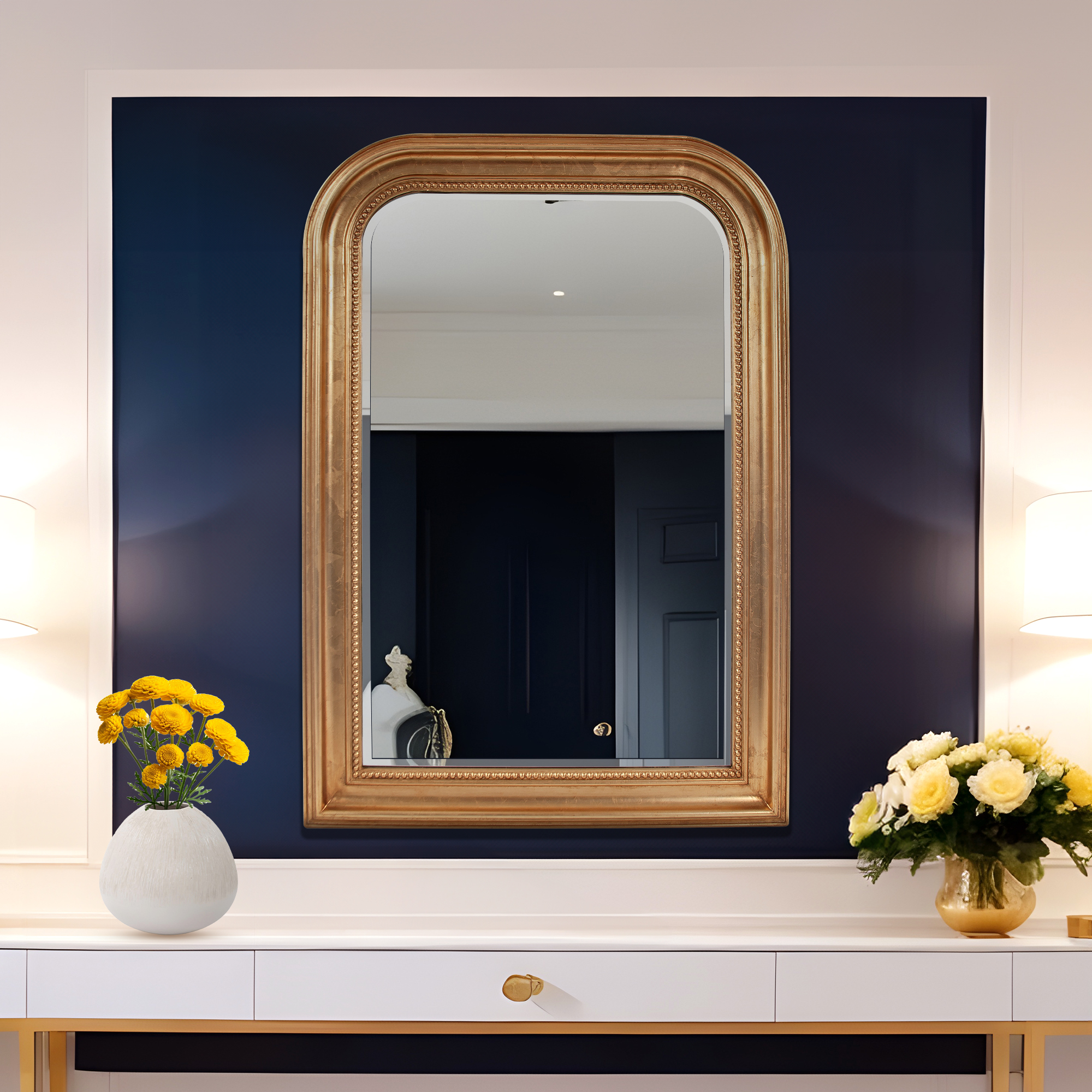 Tyler Dillon Antique Gold Wood Framed Vanity and Wall Mirror 42"H x 30"W