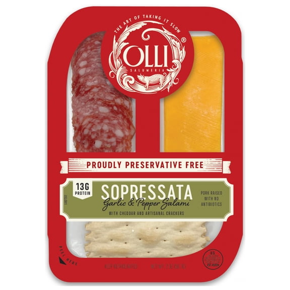 Olli Salumeria Ready-to-eat Refrigerated Sliced Sopressata Salami Snack pack with Cheddar and Crackers