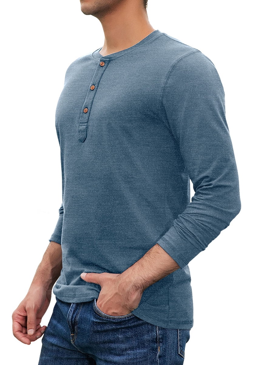 ◆bowlow◆ Panel henley neck t-shirt navy JWD Mens Henley Long Sleeve T-Shirt Cotton Casual Shirt US