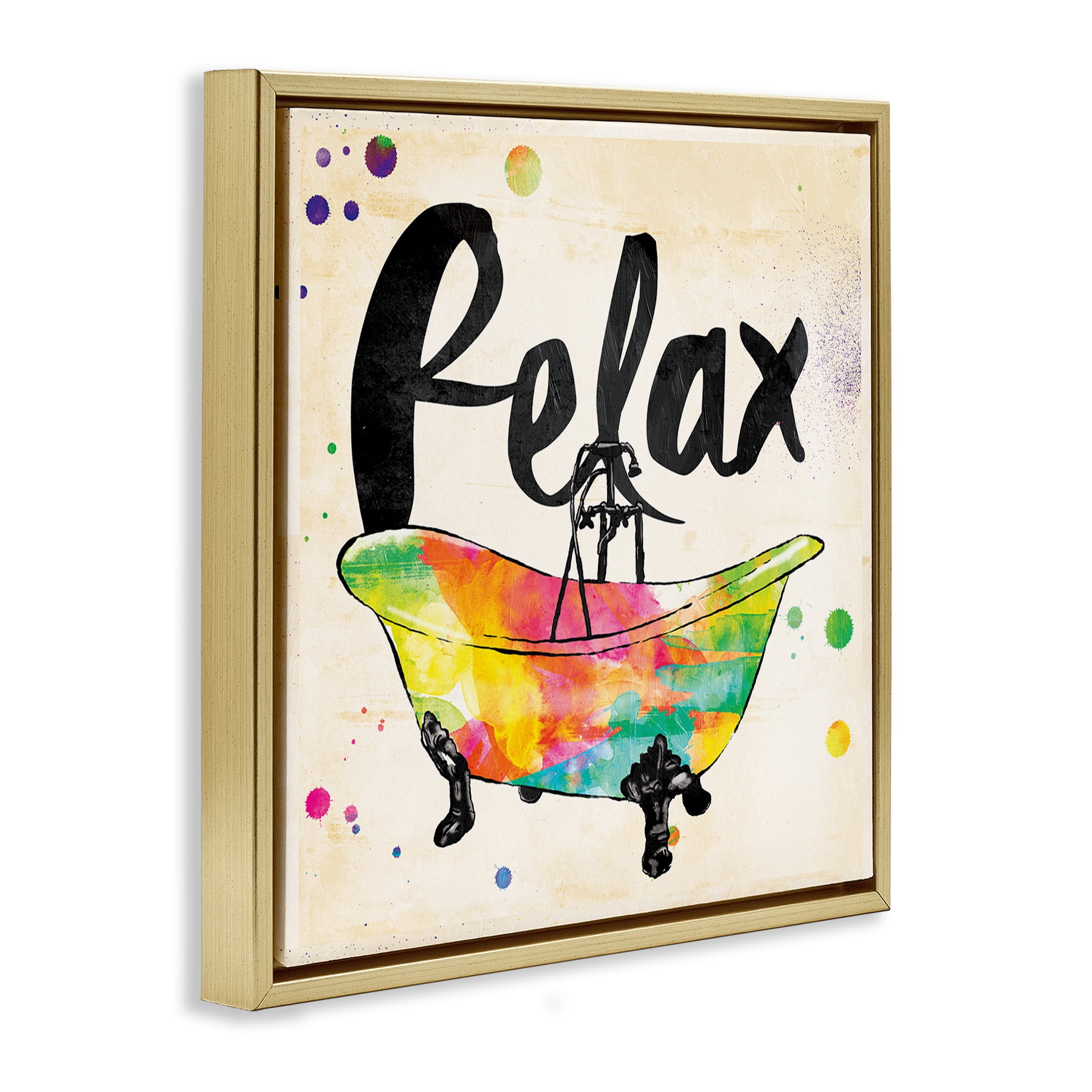 Stupell Industries Relax Rainbow Colors Icon Bath Typography Painting Gold Floater Framed Canvas Art Print Wall Art, 25 x 25