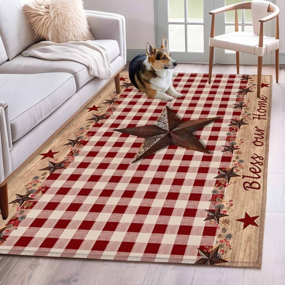 Area Rug for Living Room, Country Star Farm Non-Slip Indoor Large Carpet for Bedroom/Dining Room, Farmhouse Plaid Texas Vintage Fruit Washable Low-Profile Rectangle Floor Mat Runner Rugs - 2.7 x 5 Ft