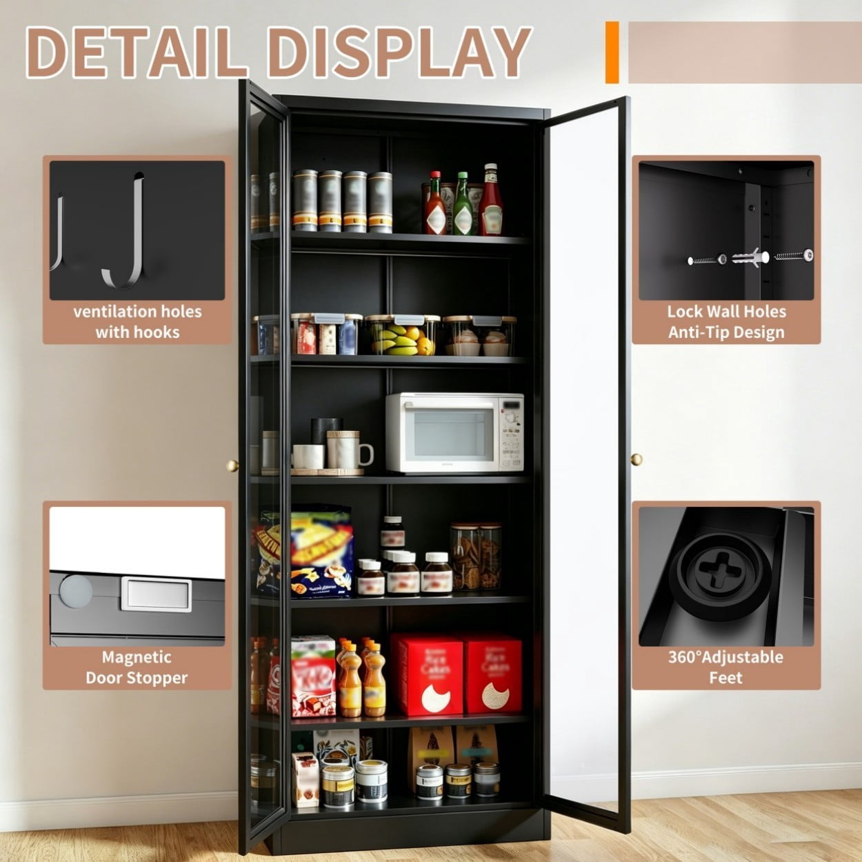 72" Tall Metal Kitchen Pantry Cabinet, Freestanding Storage Cabinet with Glass Doors, 5 Adjustable Shelves, Heavy Duty Steel Organizer for Kitchen Bathroom Pantry, Black