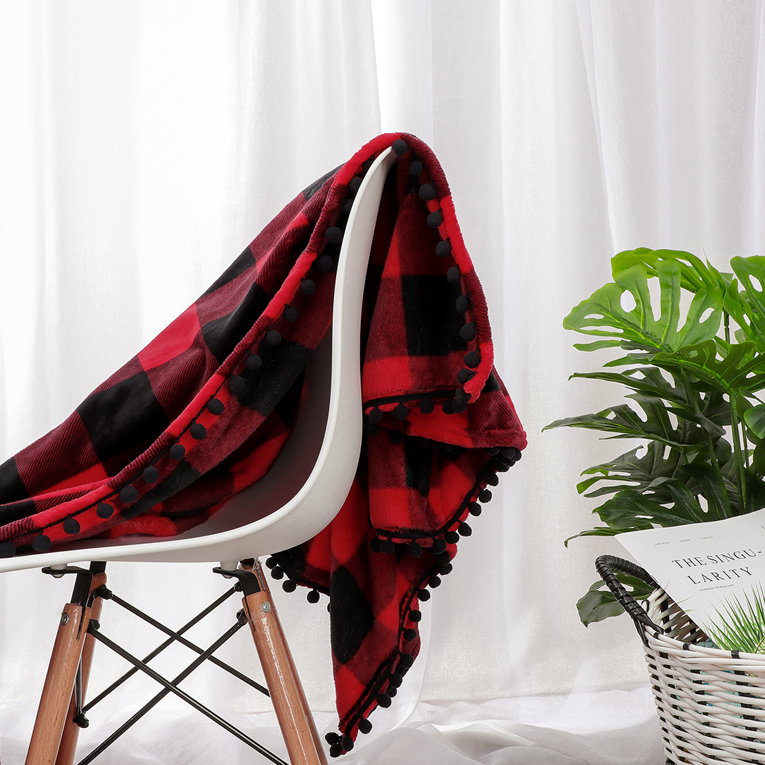 Unique Bargains Soft Plush Couch Plaid Fleece Throw Blanket, 50" x 60", Red and Black