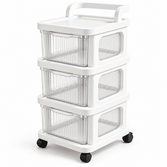 3-Tier Rolling Plastic Drawer Storage Cart with Lockable Wheels & Handle, Mobile Organizer Trolley, White