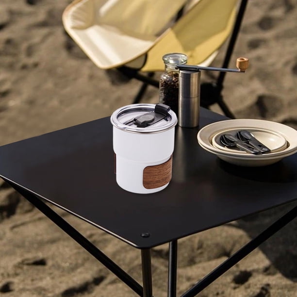 Vaso de acero inoxidable para camping de 300 ml con funda y tapa de madera | Termo de grado alimenticio 304 para café, bebidas frías y cerveza | Imprescindibles para actividades al aire libre,