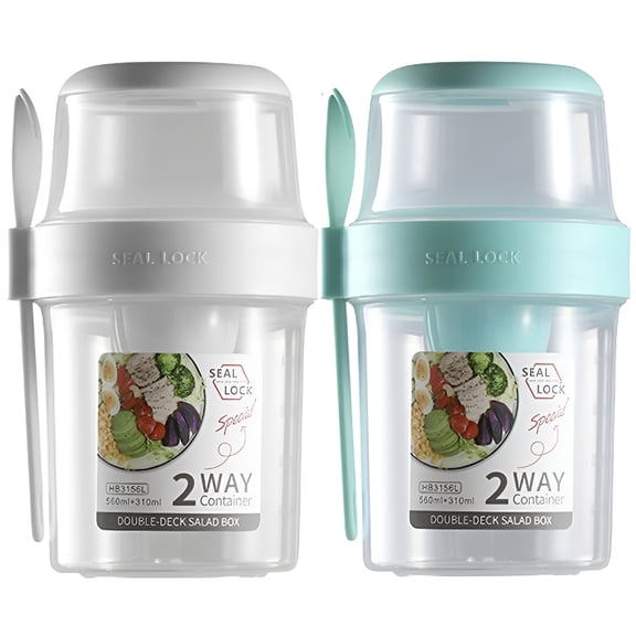 ACDANC 2 Pack Overnight Oats Container 2-Tier Breakfast on the Go Cups with Lid and Spoon Portable Yogurt Oatmeal Container Jar Leakproof Cereal and Milk to Go Container for Students