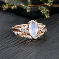 thumbnail image 4 of Marquise Cut Moonstone Promise Ring Set- Diamond Wedding Band in 14K Rose Gold Vermeil- Cluster Shank Unique Leaf Bridal Set, 4 of 6