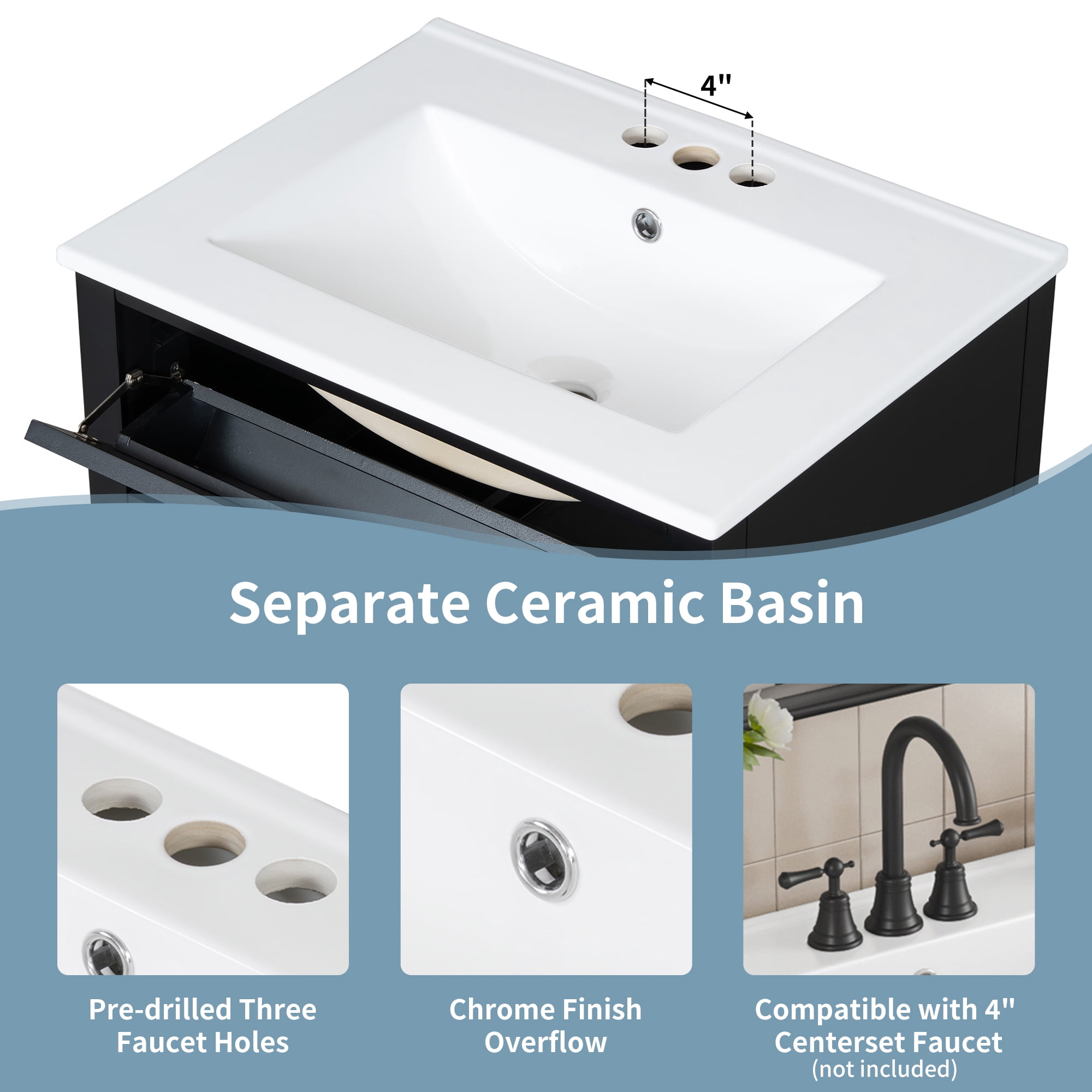 RONSHIN 24-inch Black Bathroom Vanity with Sink, 3 Drawers, Modern Design