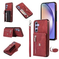RFID BLOCKING Wallet Case for Samsung Galaxy A15 with Card Holder, Zipper Pocket Kickstand Function Shockproof Purse Phone Cover with Removable Shoulder Strap & Wrist Strap, Red