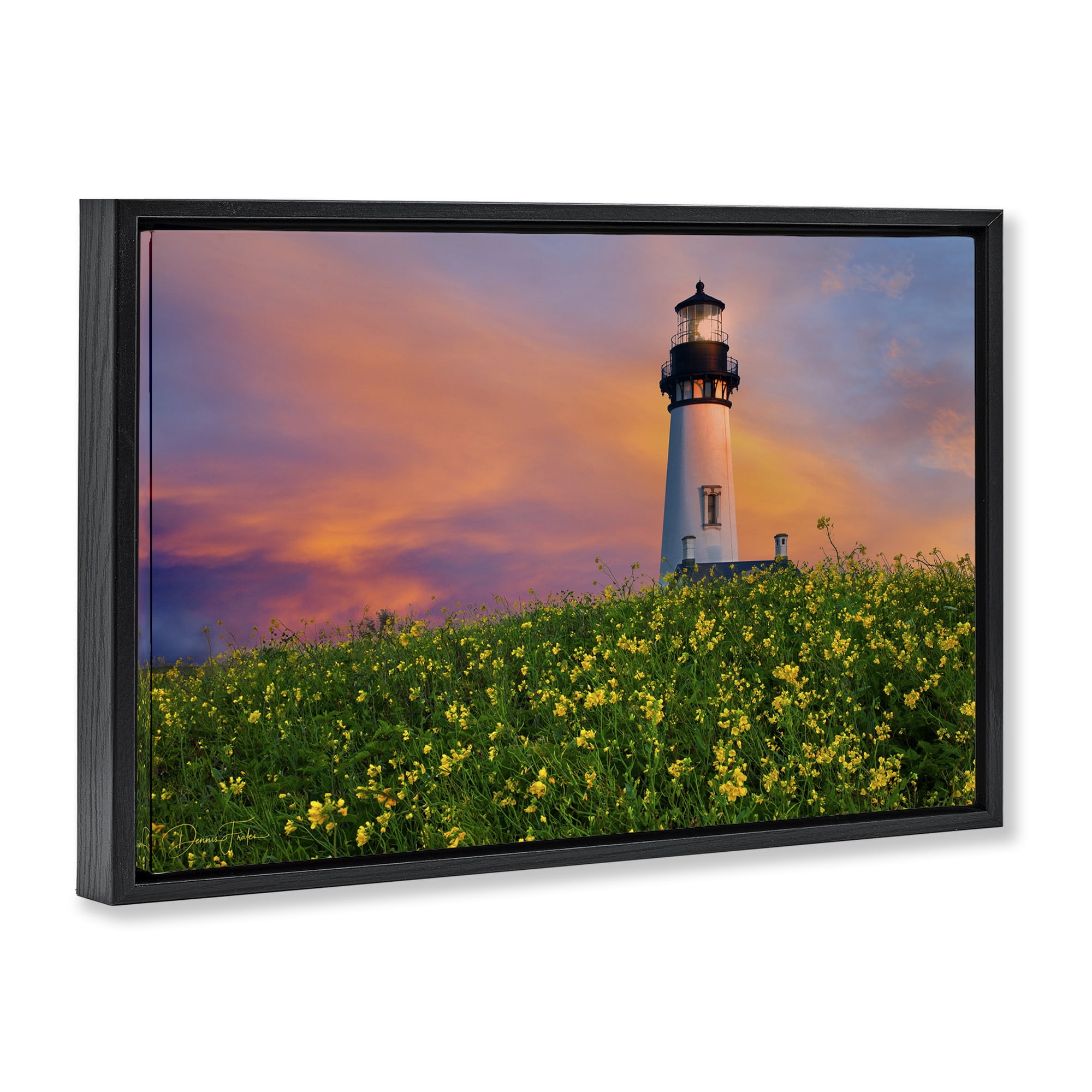Stupell Industries Lighthouse & Floral Meadow Coastal Photography Black Floater Framed Canvas Art Print Wall Art, 25 x 17