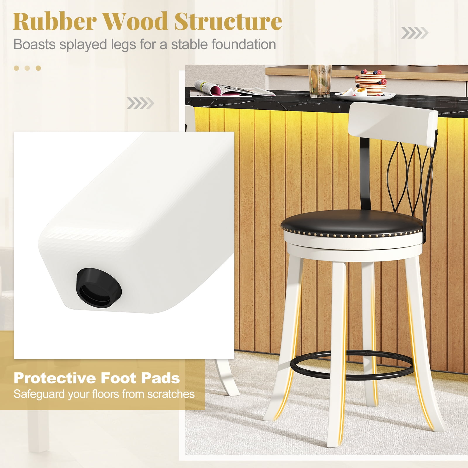 Gymax 26'' Set of 2 Bar Stools w/ Footrest Rubber Wood Frame & Tufted Rivets