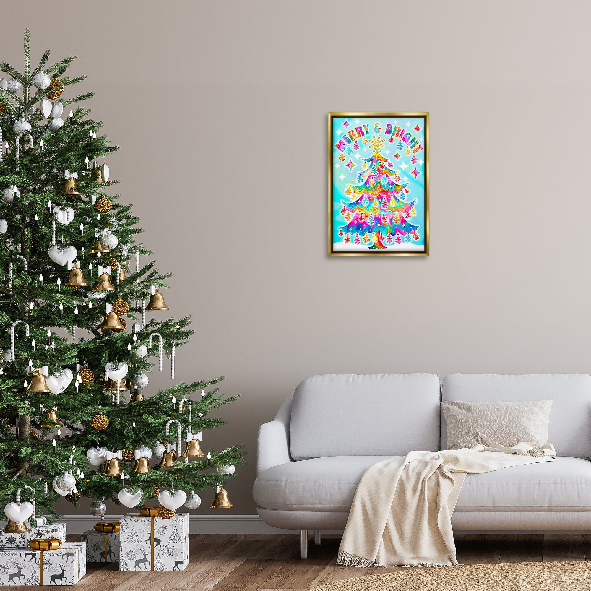 Stupell Industries Eclectic Merry & Bright Holiday Painting Gold Floater Framed Canvas Art Prints Wall Art, 17 x 25