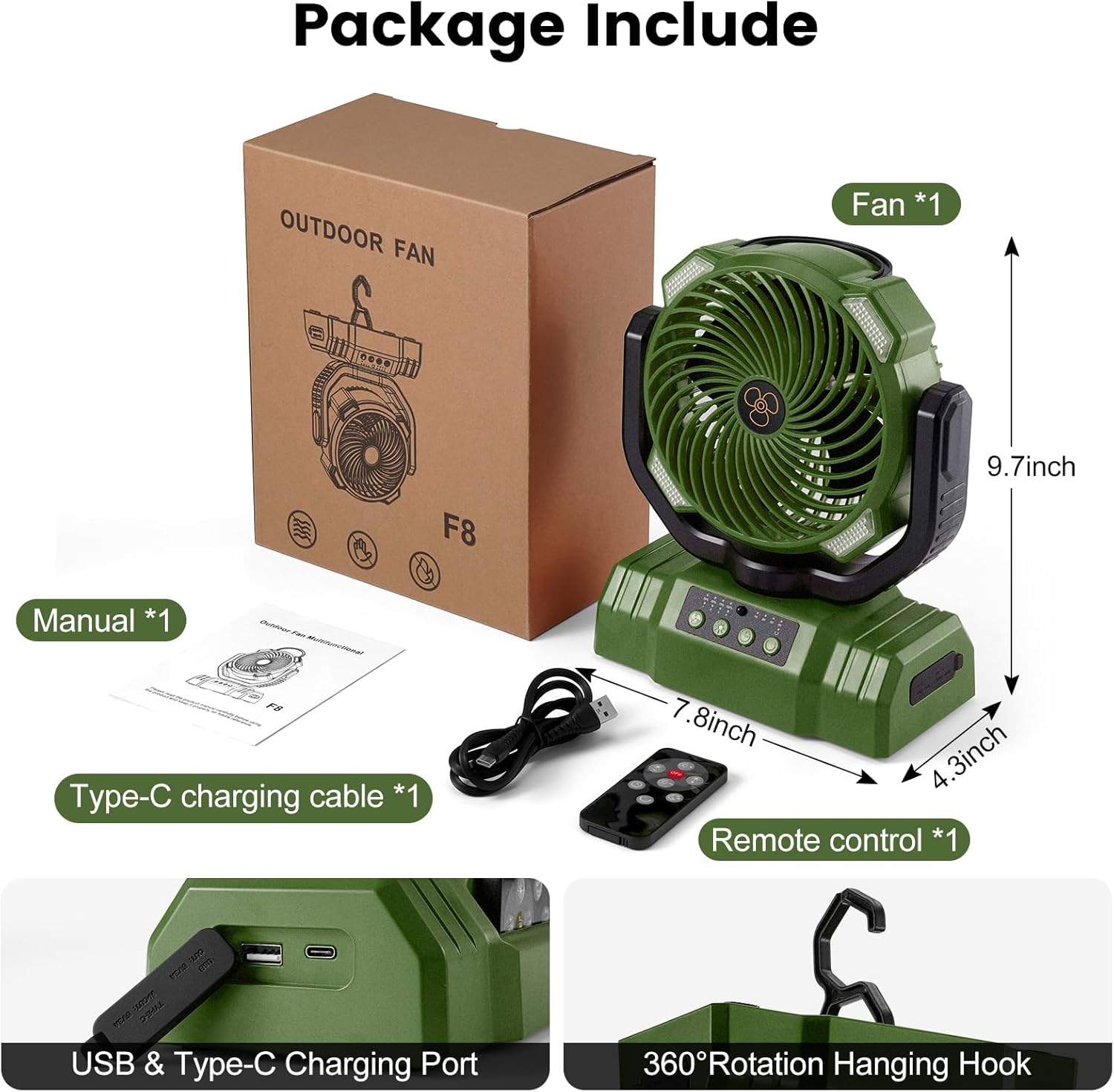 30000mAh Camping Fan with LED Lantern, Rechargeable Battery Operated Oscillating Fan with Remote & Hook, Portable Tent Fan with Timer, 4 Speeds for Outdoor Camp RV Jobsite Power Outage, Green