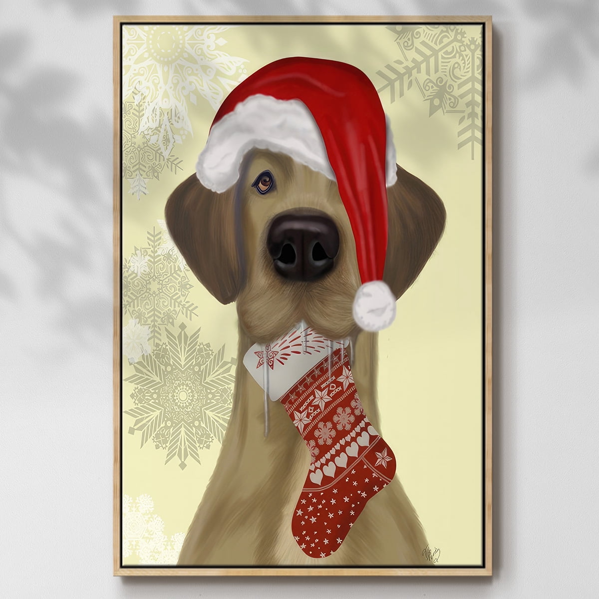 Christmas Drooly Christmas Dane - Framed Gallery Wrapped Holiday Canvas - 27 x 41 - Natural Wood Frame