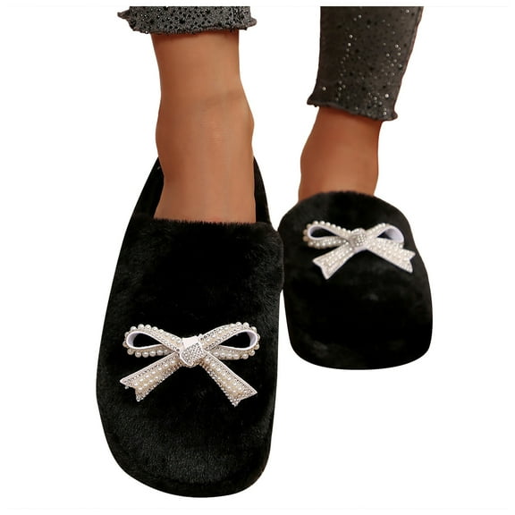 Womens Scuff Slippers Trendy Bowknot Plush Memory Foam Slip on House Shoes Comfy Winter Warm Slides