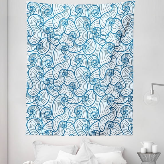 Abstract Tapestry, Composition of Spiraling Waves in Monotone Style Oceanic Marine Elements, Fabric Wall Hanging Decor for Bedroom Living Room Dorm, 5 Sizes, Sea Blue and White, by Ambesonne