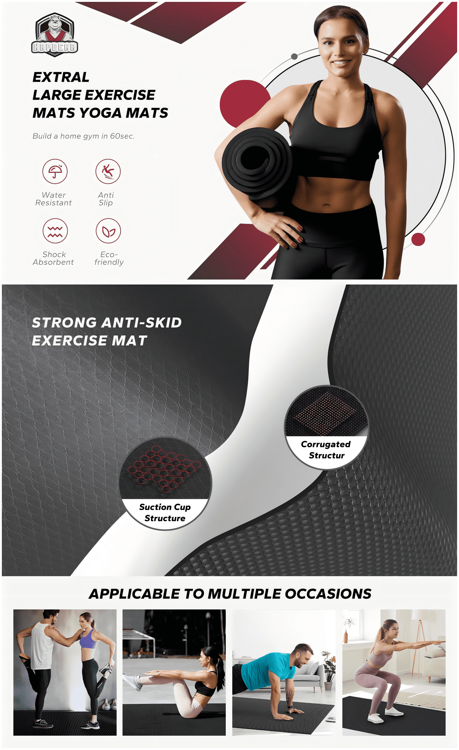 Extra Wide Exercise Mat – 6'x4' to 9'x6' – Thick, Non-Slip Fitness Mat – Choose from Black, Gray, or Blue