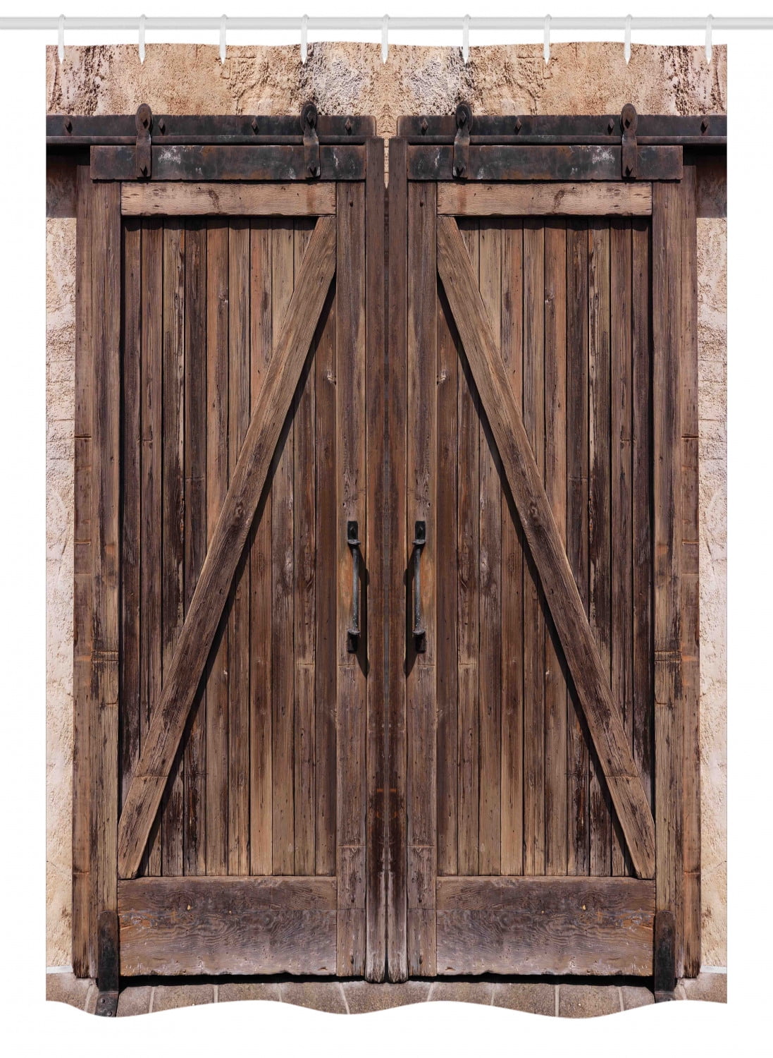 Rustic Wood Barn Door Waterproof Fabric Shower Curtain Set Bathroom & 12 Hooks