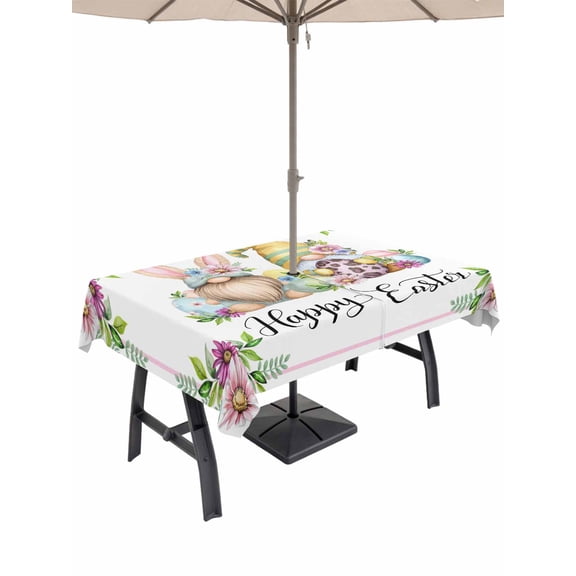 Happy Easter Outdoor Tablecloth - 60x84 Inch Rectangle Dining Table Cover, Watercolor Gnomes Eggs Flowers Botanical Spring Waterproof Outdoor Table Cloth with Umbrella Hole & Zipper for Picnic/Patio