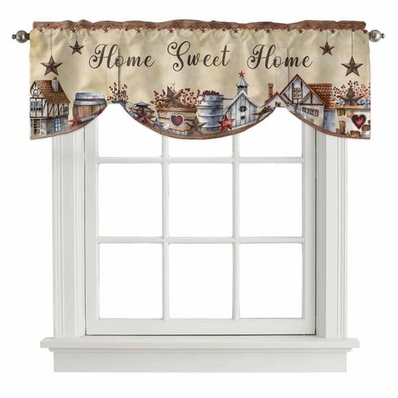 Farm Tie Up Valance Curtains for Windows, Kitchen Curtains Window Treatments, American Country Barn Star Vintage Berry Brown Short Window Shades Valances for Bedroom Bathroom Cafe 42"x12"