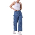 thumbnail image 2 of Pantalones de mezclilla casuales de pierna ancha y media altura con bolsillos cargo para mujeres INSPIRE CHIC 2XL Azul, 2 of 6