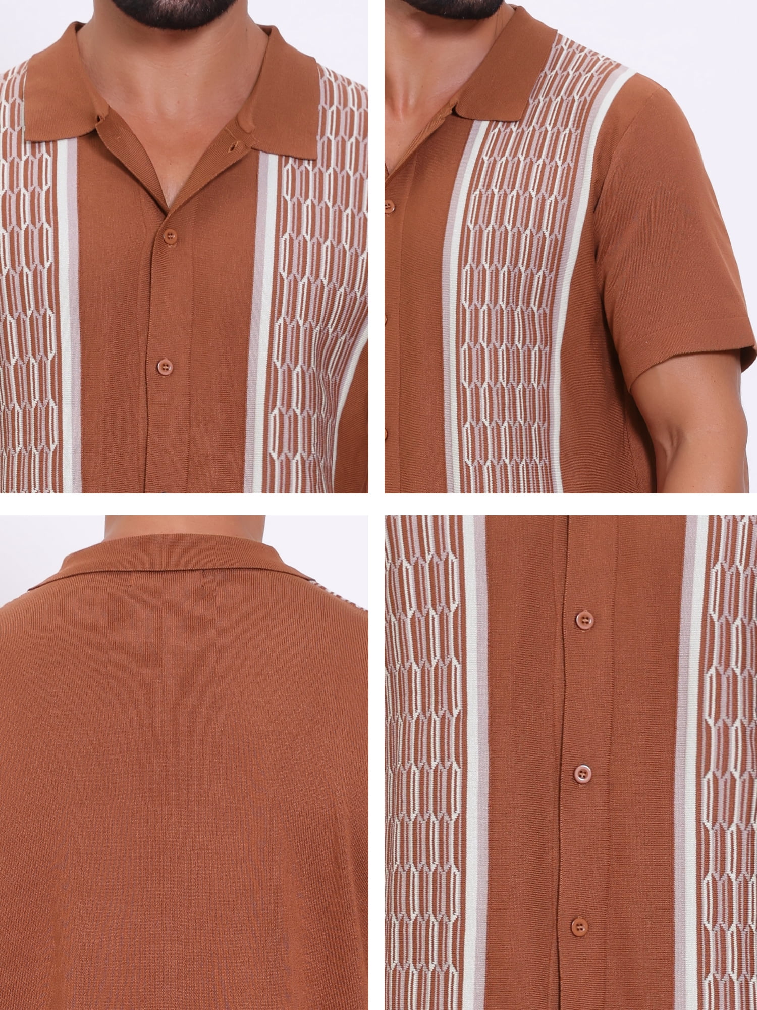 DARING DIVA Men's 2 Pieces Sets Summer Polo Shirt & Shorts Printed Knit Outfits L Brown