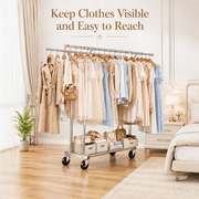 UNTIMATY Heavy Duty Double Rod Clothes Rack with Wheels Expandable Rolling Garment Rack for Closet Storage, Sliver