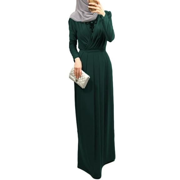 Yokua Women Muslim Long Sleeve Abaya Maxi Dress for Cross Ruched V-Neck Belted High Waist Pleated Robe Ramadan Dubai Hijab Kaf