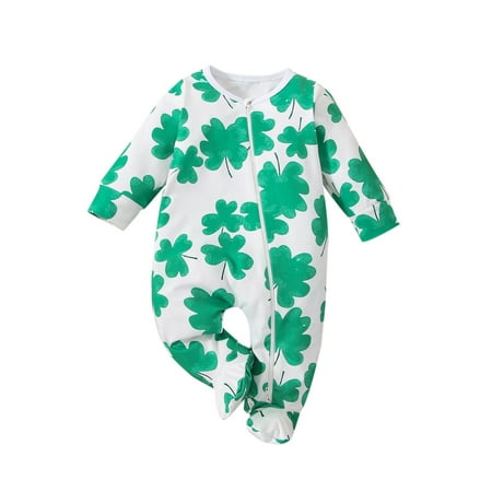 

DcoolMoogl Newborn Baby Boy Girl St.Patrick s day Long Sleeve Footies Four Leaf Clover Print Zipper Jumpsuit Homewear Romper