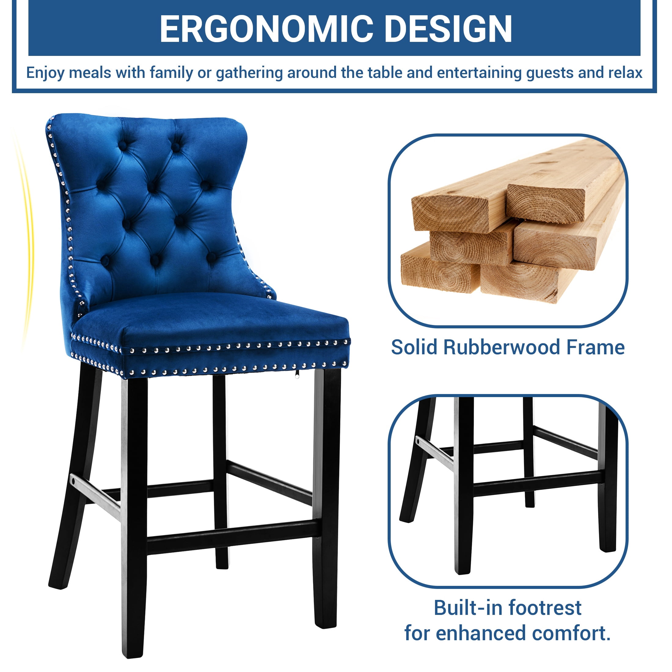 Paproos Upholstered Bar Stools Set of 2, Velvet Barstools with Wood Legs and Tufted, Modern Leisure Counter Height Bar Chairs with Chrome Nailhead Trim for Home Pub and Kitchen Island, Blue