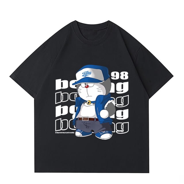 Camisetas de algodón con estampado de gato de dibujos animados para hombre, Tops de manga corta, camisetas informales de gran tamaño, camiseta Y2K con cuello redondo, Verano