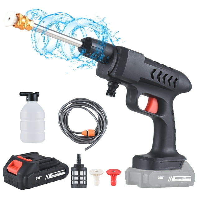 hidrolavadora inalámbrica max 290psi 21v hidrolavadora portátil con vista 3/4 de una pistola de lavado negra con gatillo rojo y lanza metálica, batería 21V desmontada, manguera enrollada de 5 m, depósito espumador blanco, filtros y boquillas sobre fondo blanco; ABS, presión máxima 20 bar (290 psi) y flujo 5 L/min, adecuada también para limpieza automotriz ligera y patios.