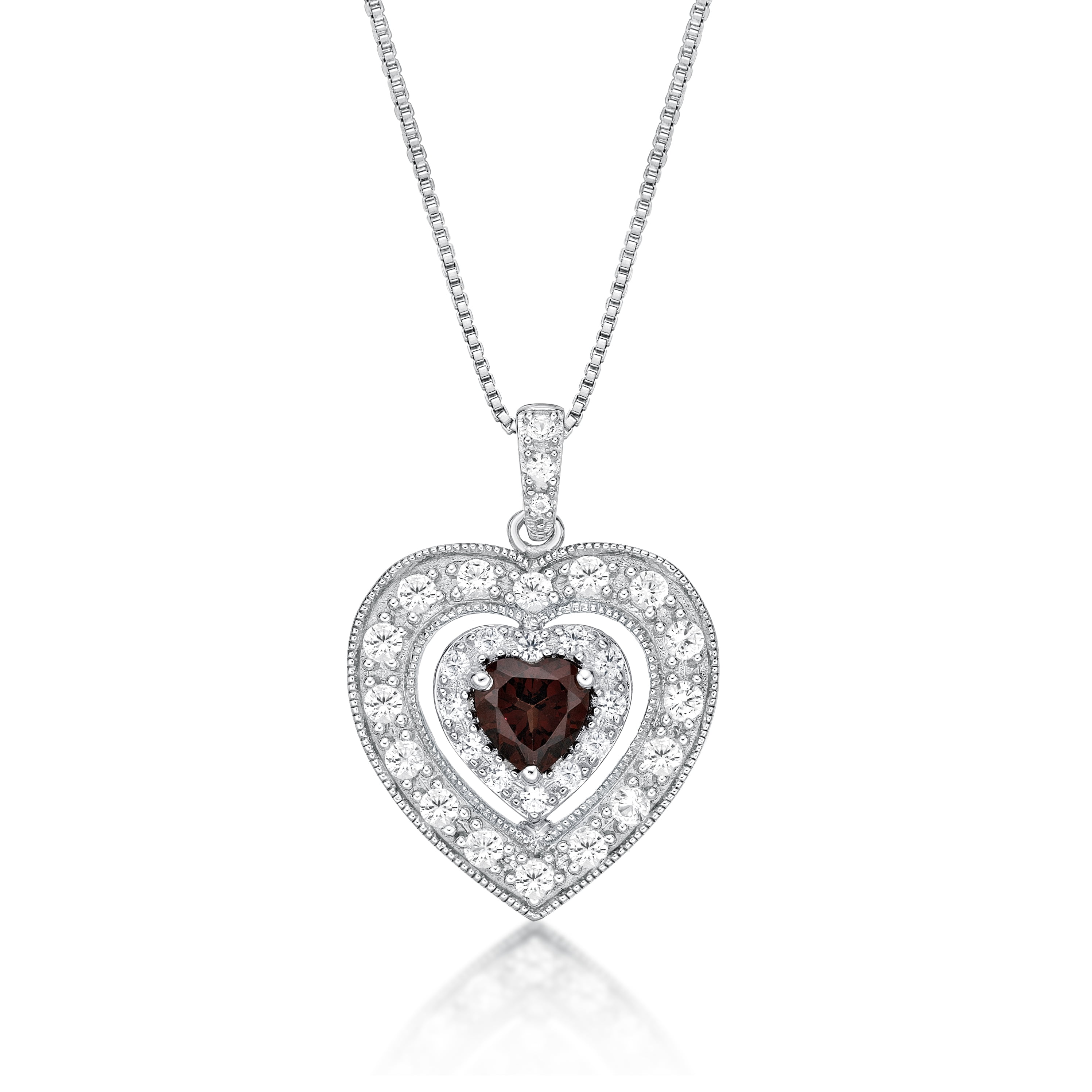 Brilliance 925 Sterling Silver Genuine Garnet and Created White Sapphire Heart Pendant with 18" Chain