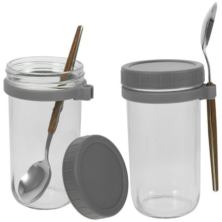 

2 Pcs Mason Cup with Spoon Small Glass Containers with Lids Cereal Container Grey