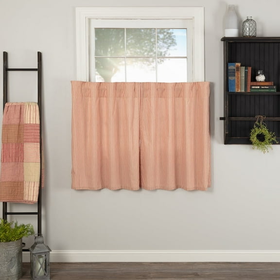 VHC Brands Sawyer Mill Red Kitchen Curtain Set 2 Lined Tiers Farmhouse Country 36 Inch Cotton Vintage Stripes