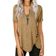 thumbnail image 1 of Frontwalk Women Casual Loose Tunic Top Zip Up V Neck Short Sleeve Solid Color Basic Top Buttons Decor Summer T-shirt, 1 of 3