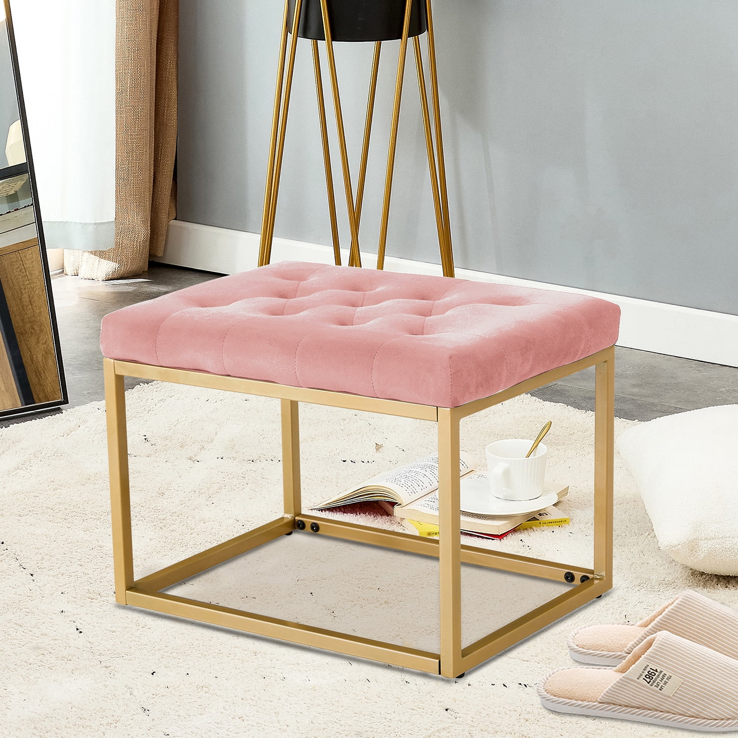 Kepooman Pink Bench, Square Shoe Changing Stool with Powder Coating Metal Legs, Velvet Bench for Living Room Kepooman Pink Bench, Square Shoe Changing Stool with Powder Coating Metal Legs, Velvet Bench for Living Room
