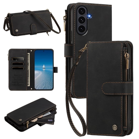 PU Leather Wallet Case for Samsung Galaxy S26 FE 5G 6.7",9-Card Holder, Zipper Bills Slot, Magnetic Shoulder Strap & Wristlet Cover,Black,For Galaxy S26 FE 5G