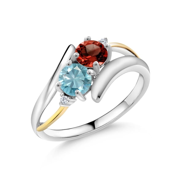 Gem Stone King 1.87 Ct Round Red Garnet Blue Zircon 925 Silver and 10K Yellow Gold Ring (Size 7)