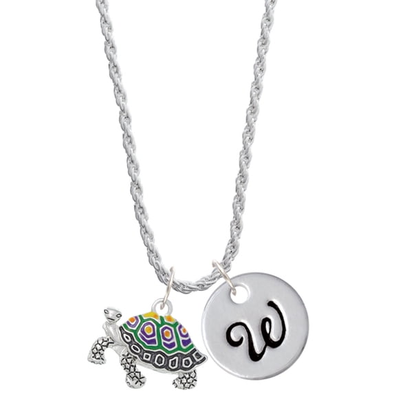 Delight Jewelry Enamel Side Turtle Silvertone Script Initial Disc - W - Charm Necklace, 20"+3"