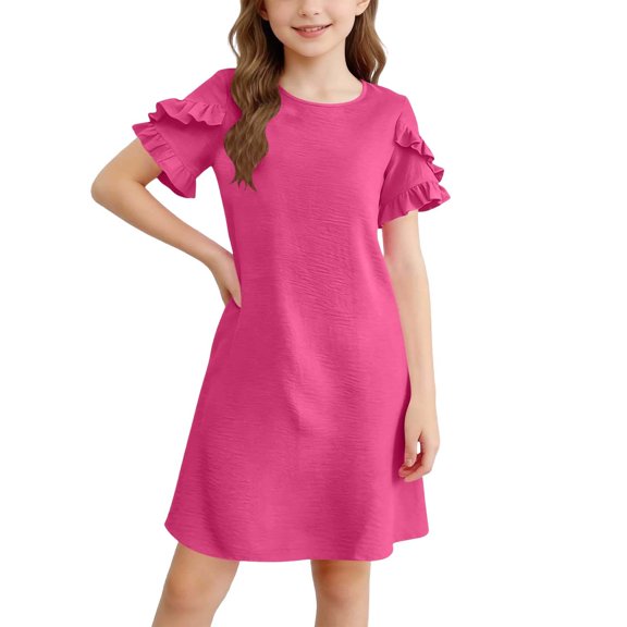 Rggeeun Baby Girls Dresses Solid Color Layered Ruffle Short Sleeve Crew Neck Waist Draping Knee Length Relaxed Fit For Outdoor Activities Casual Playwear,Pink,7-8 Years