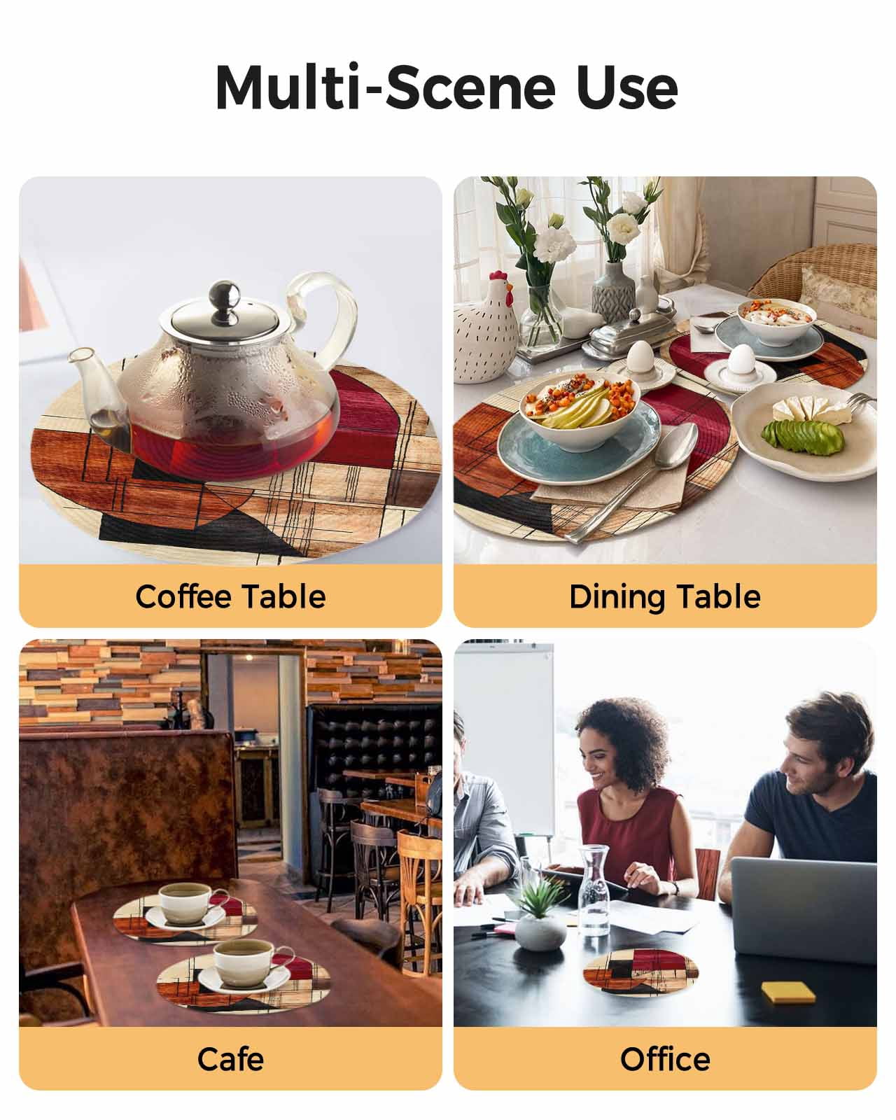 Round Placemats Red Brown Beige Geometric Painting 15 inch Set of 4 Table Mats for Dining Table Abstract Art Heat Resistant Non-Slip Kitchen & Home Decorative Place Mat Set