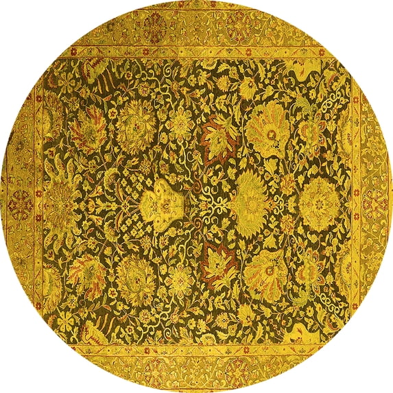 Ahgly Company Machine Washable Indoor Round Oriental Yellow Industrial Area Rugs, 7' Round