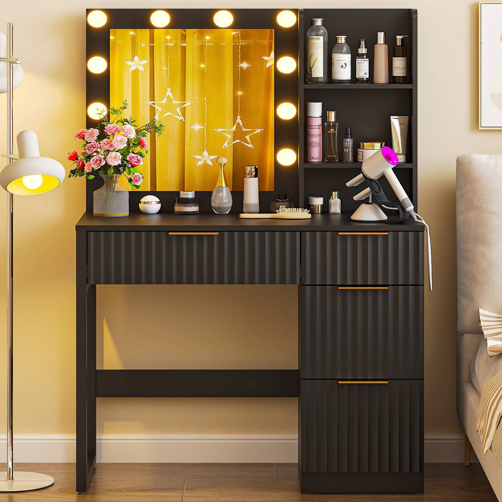 Ktaxon Lighted Makeup Vanity Table, White Dressing Desk with Charging Station, Black