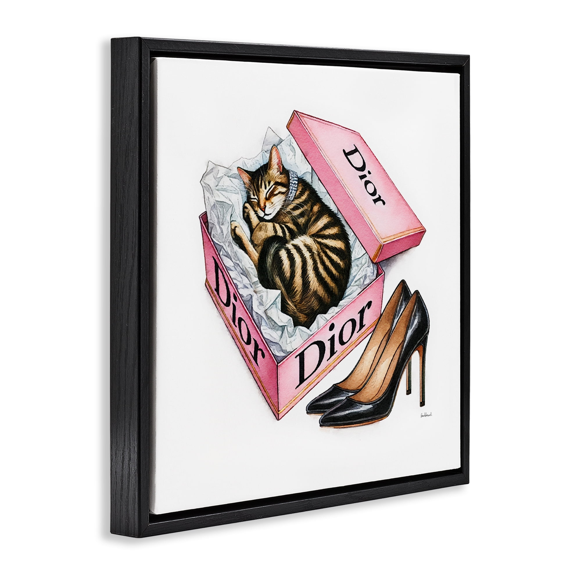 Stupell Industries Pink Shoebox with Kitten Animals Painting Black Floater Framed Canvas Art Print Wall Art, 18 x 18