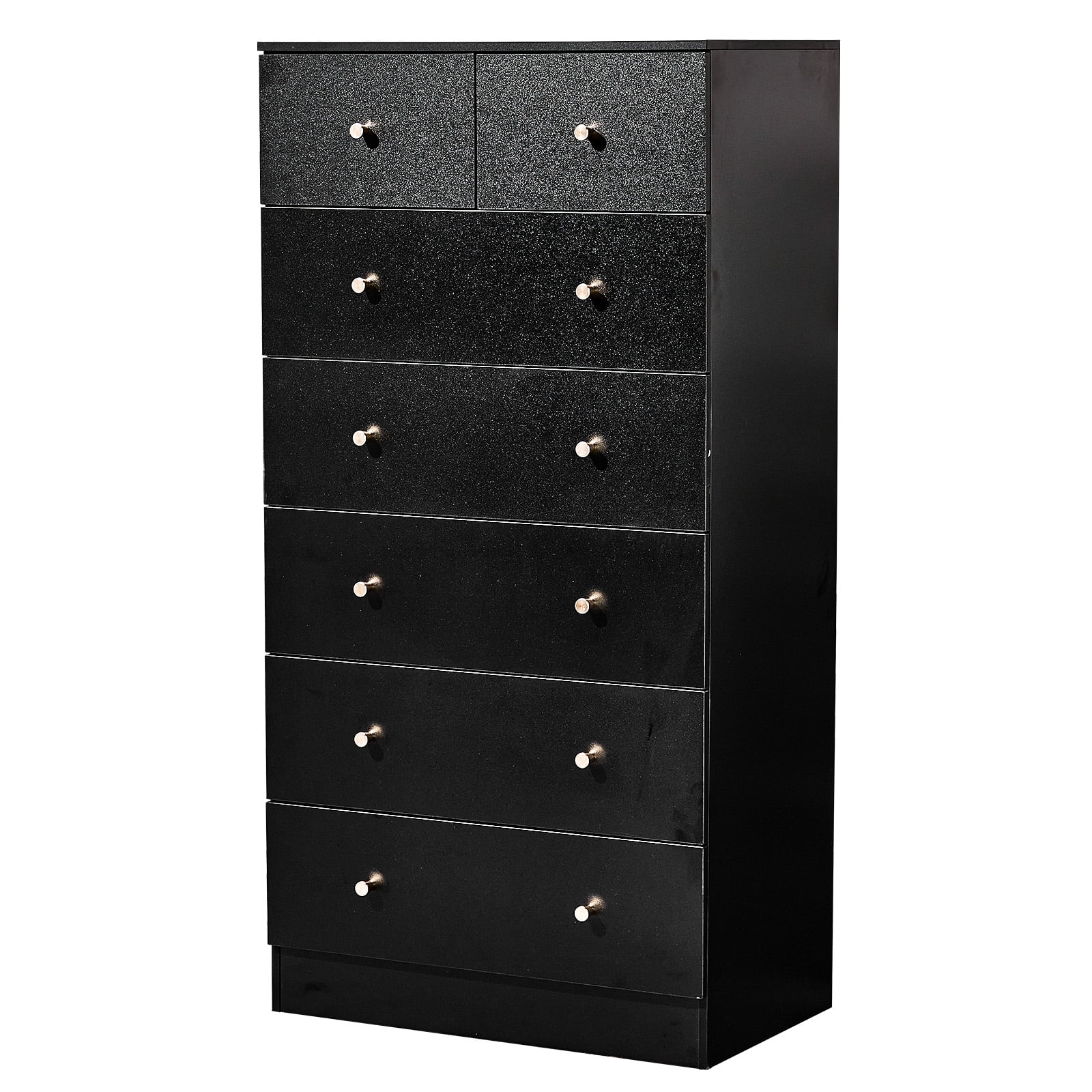 Black 7 Drawer Cabinet, Matte Gold Handles Textured Linen-Laminate Particle Board Cabinet, Tall Space-Saving Storage Organizer for Home Office Bedroom Living Area
