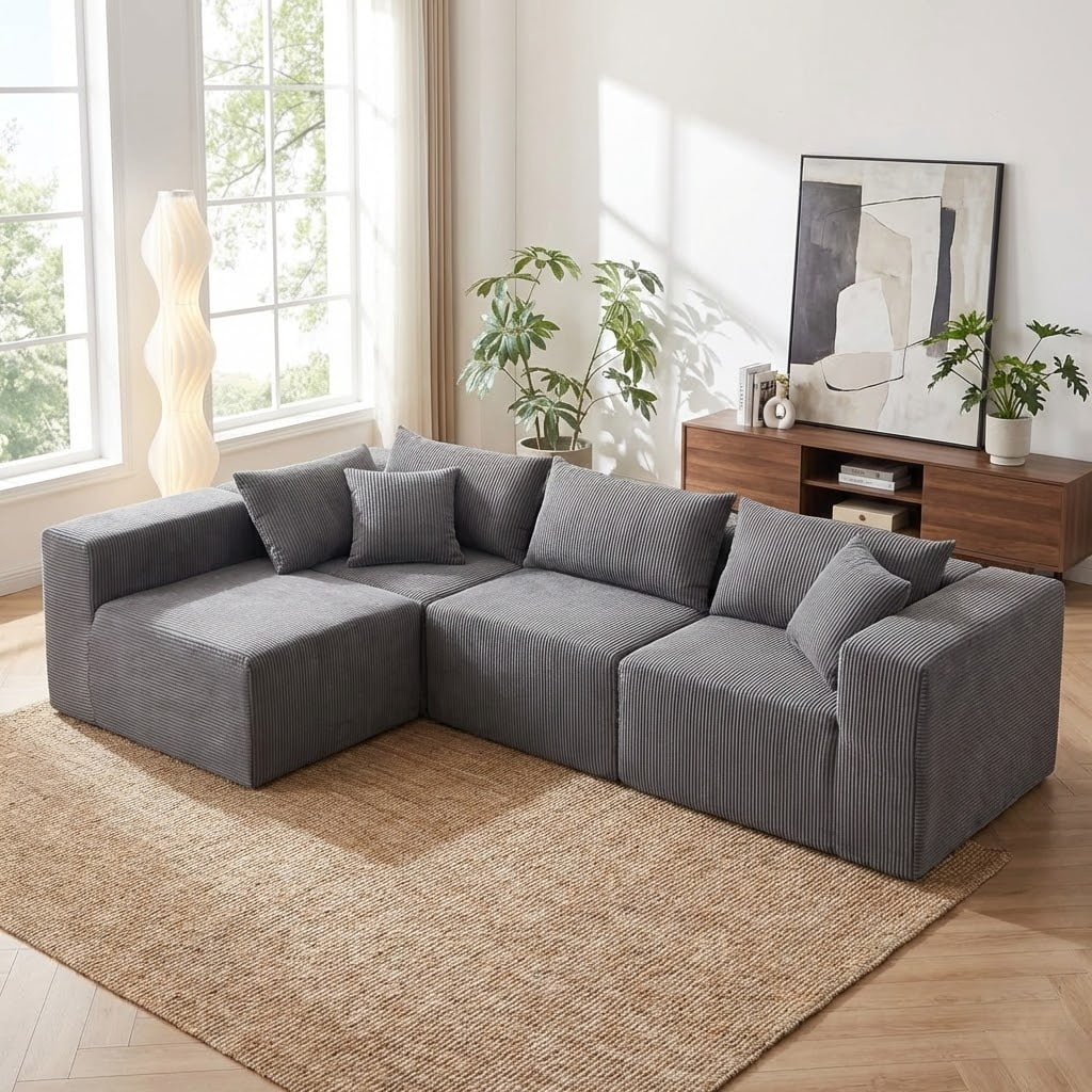 Xiweot 104” Modular Sectional Sofa, 4 Piece L Shaped Sectional Sofa & Floor Couch, Corduroy Foam Filled Compressed Sectional Couch for Living Room, Bedroom (Grey)