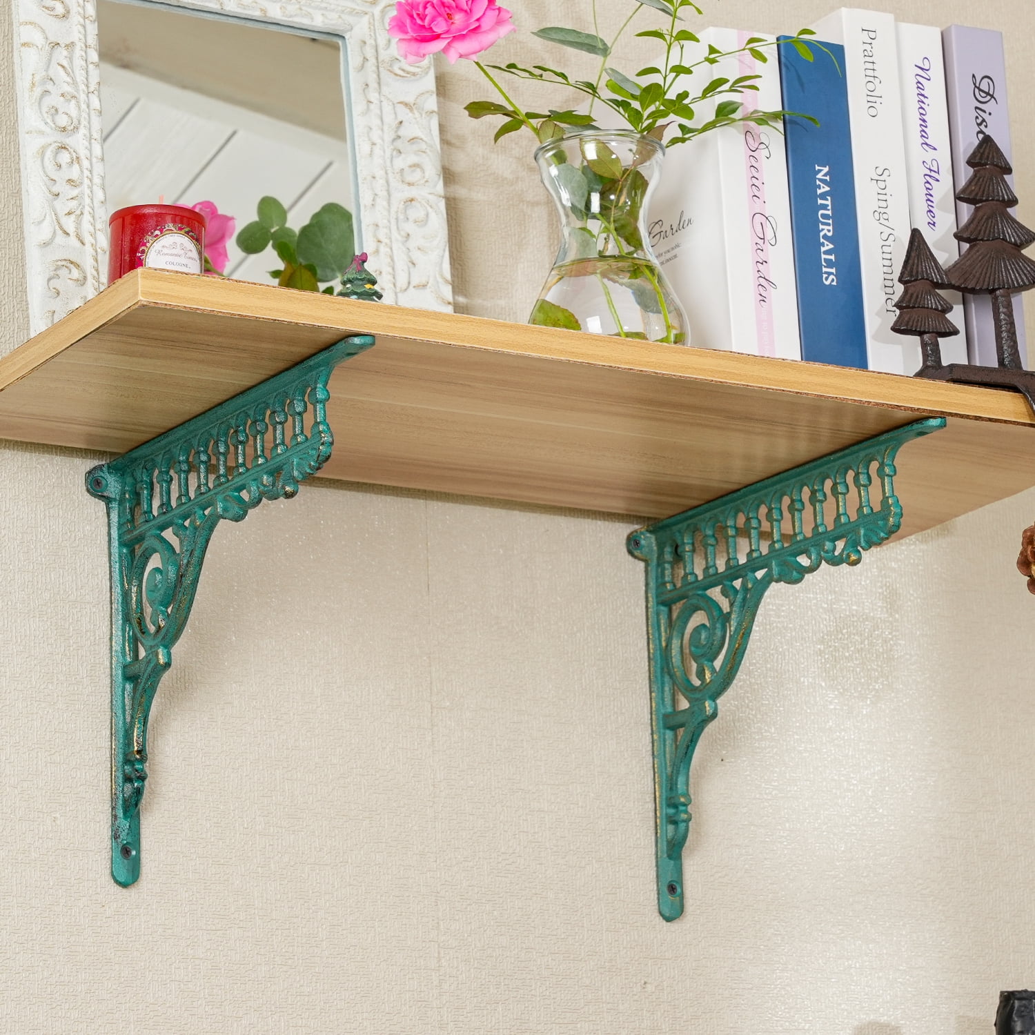 Sungmor 10.6 Inch Cast Iron Green Brackets for Shelves, 2PC Vintage Decorative Angle Support Doorway Bracket, Shelves Corbels, Wall Mounted Floating Shelf Bracket