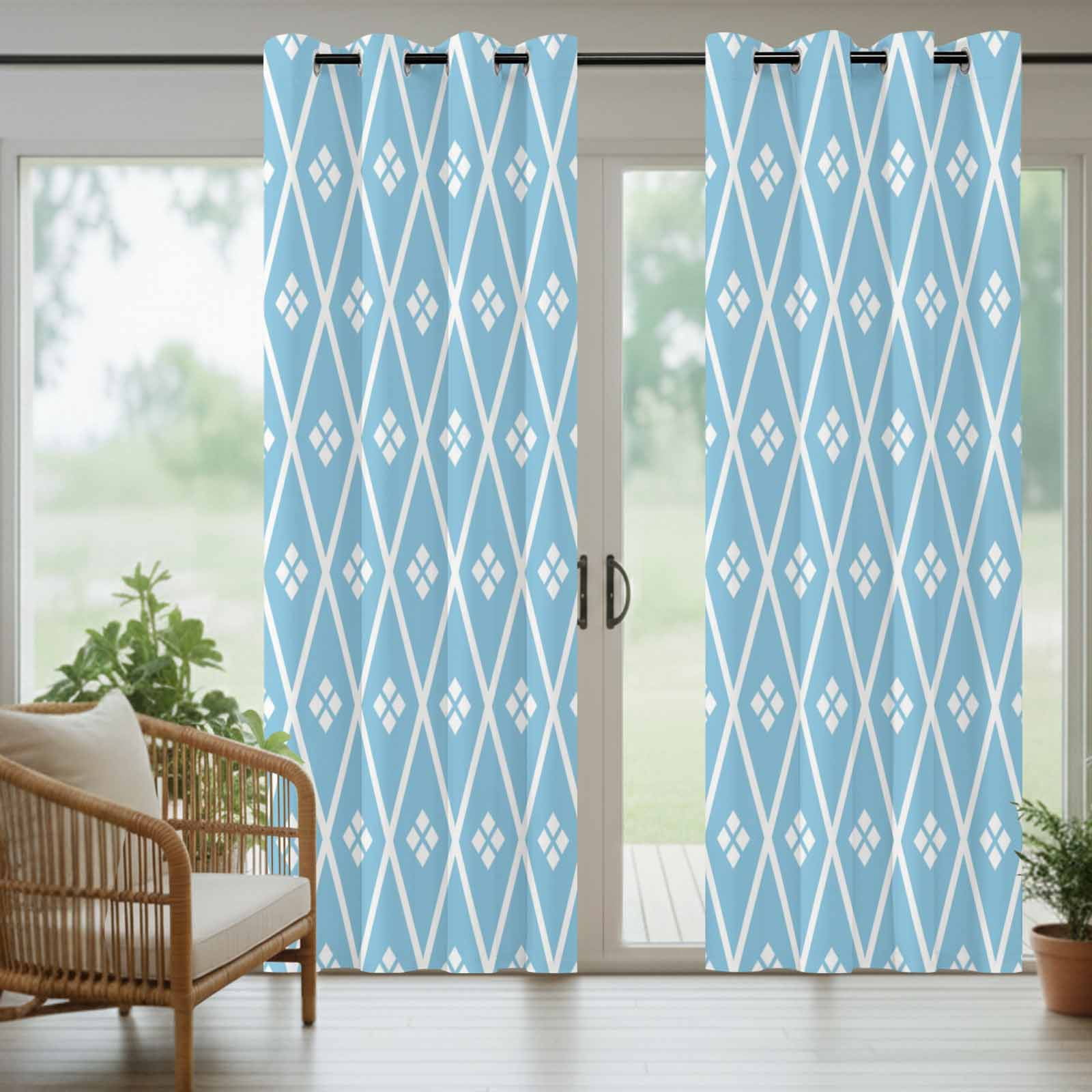 Blue and White Geometric Outdoor Curtains for Patio, Minimalist Argyle Checkered Modern Sunshade Privacy Drapes Grommet Waterproof Outside Curtains for Porch/Cabana/Balcony 54"x 108", 2 Panel