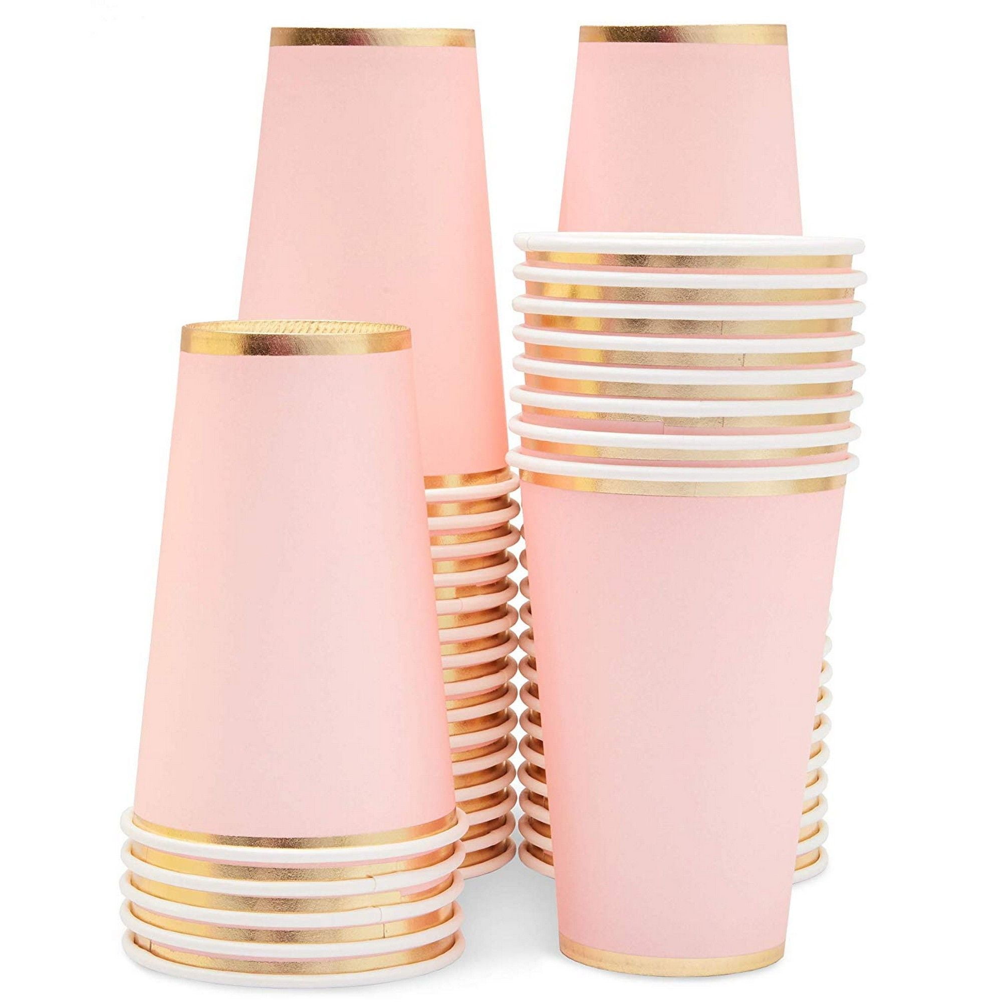 Pink Paper Cups 50Pack 12oz Disposable Cups, Light Pink with Gold Foil Rim, Baby Shower